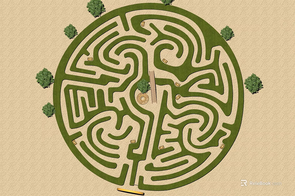 Circular Maze Playground Equipment With Winding Paths Surrounded By Trees And Entrance 3d model 