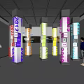 Colorful Glass Pillars With Numbers And Text In Modern Exhibition Hall Interior