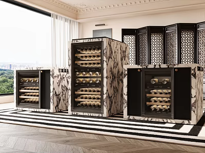 Luxurious Modern Wine Cabinet Design With Marble Panels And Black Frames In Spacious Room 3d model