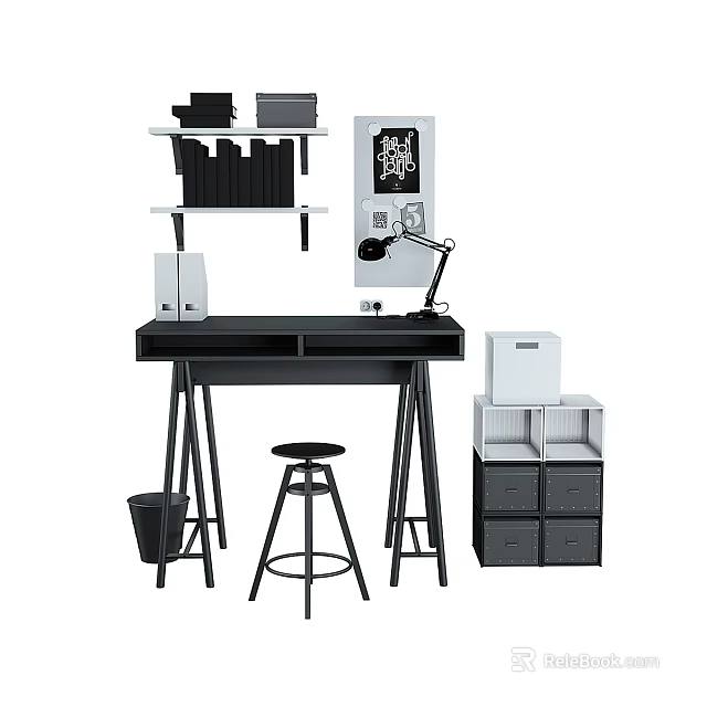Home Office Desk And Stool Combination With Black Frame Shelves File Cabinet And Lamp 3d model 