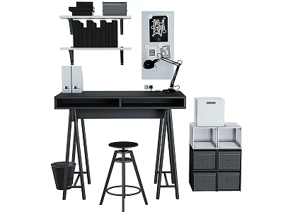 Home Office Desk And Stool Combination With Black Frame Shelves File Cabinet And Lamp 3d model