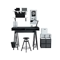Home Office Desk And Stool Combination With Black Frame Shelves File Cabinet And Lamp