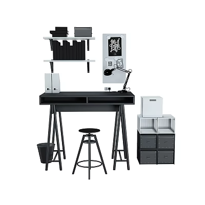 Home Office Desk And Stool Combination With Black Frame Shelves File Cabinet And Lamp 3d model
