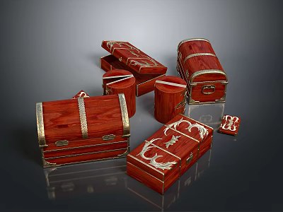Red Wooden Storage Chests With Gold Accents And Ornate Decorative Details 3d model