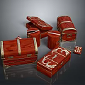 Red Wooden Storage Chests With Gold Accents And Ornate Decorative Details