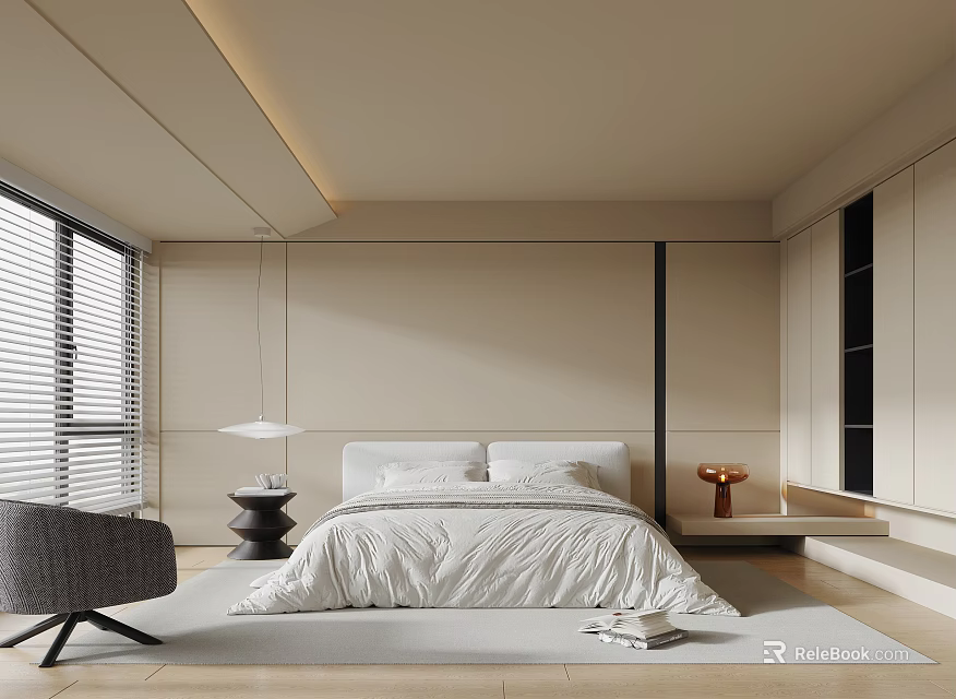 Modern Minimalist Bedroom Interior With White Bed Linen And Wooden Nightstand 3d model 
