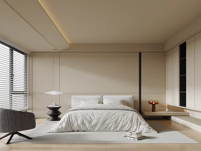 Modern Minimalist Bedroom Interior With White Bed Linen And Wooden Nightstand 3d model