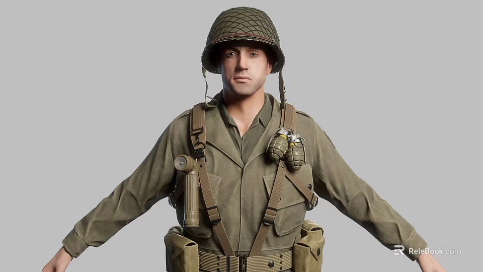 Man in Military Uniform Wearing Helmet With Hand Grenades and Gear Standing Against Gray Background 3d model 
