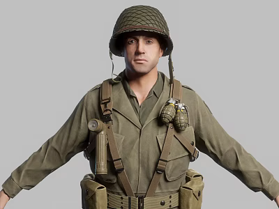 Man in Military Uniform Wearing Helmet With Hand Grenades and Gear Standing Against Gray Background 3d model