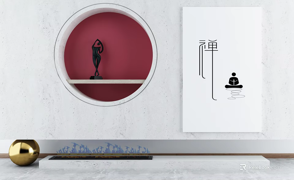 Circular Red Background Wall With Black Sculpture White Zen Frame And Gold Decor 3d model 