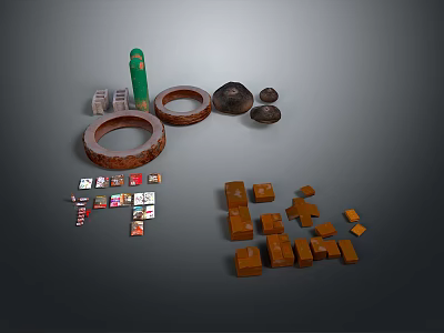 Collection of Various Objects Including Green Cylinder Circular Rings Wooden Blocks and Small Cards 3d model