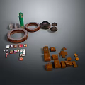 Collection of Various Objects Including Green Cylinder Circular Rings Wooden Blocks and Small Cards