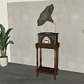 Vintage Gramophone On Wooden Stand With Gray Wall And Green Plants