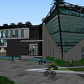 Modern Office Building With Glass Facade Green Roof And Water Feature Entrance
