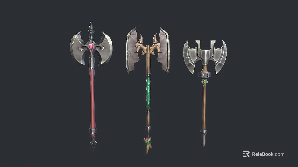 Three Ornate Battle Axes With Decorative Metal Heads And Colored Handles 3d model 
