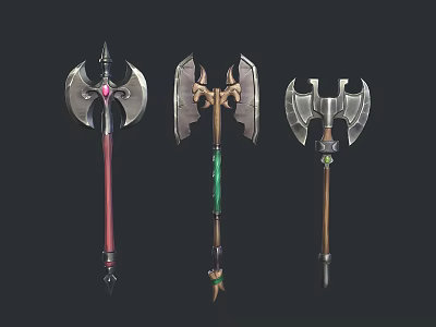 Three Ornate Battle Axes With Decorative Metal Heads And Colored Handles 3d model