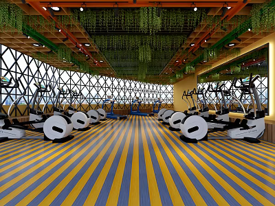 Modern Fitness Gym With Spin Bikes Yellow Blue Striped Flooring Ceiling Greenery And Large Windows 3d model
