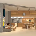 Modern Restaurant Interior With Wooden Counter Seating Area And Display Shelves