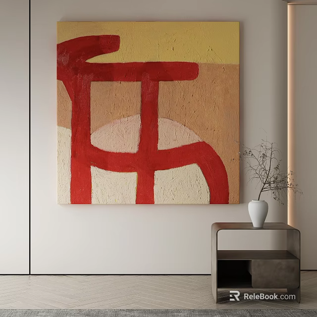 Abstract Painting In Minimalist Interior With Side Table And Vase 3d model