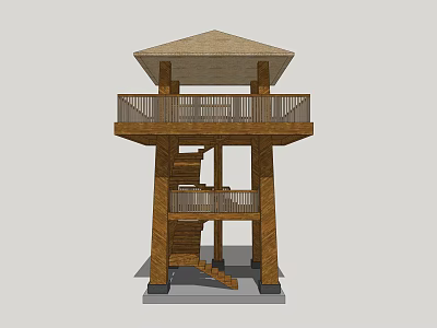 Wooden Tower Design Featuring Two Level Balcony Railing And Staircase With Pyramidal Roof 3d model