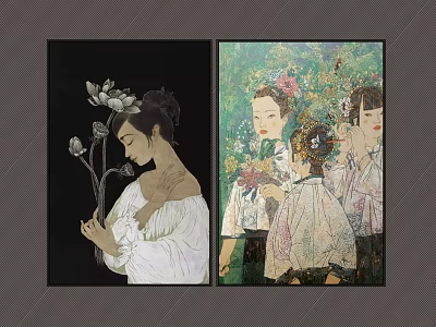 Elegant Female And Group Portrait Paintings With Flowers Black And Colorful Backgrounds 3d model