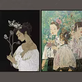 Elegant Female And Group Portrait Paintings With Flowers Black And Colorful Backgrounds