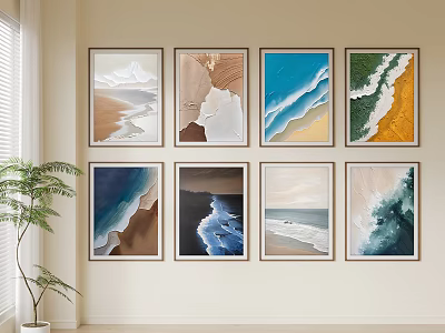 Eight Framed Abstract Paintings On Wall Featuring Ocean Waves And Sand Textures 3d model