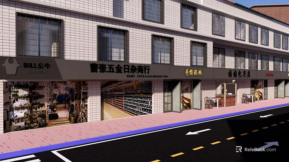 Commercial Street with Multi Story White Tile Buildings and Various Retail Storefronts 3d model 