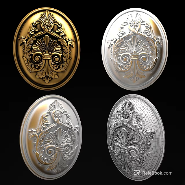 Ornate Oval Shaped Decorative Components With Carved Relief And Metallic Finishes 3d model 