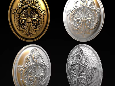 Ornate Oval Shaped Decorative Components With Carved Relief And Metallic Finishes 3d model