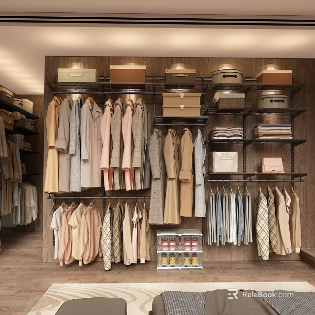 Organized Wardrobe With Multiple Clothes Hangers And Folded Garments On Shelves 3d model 