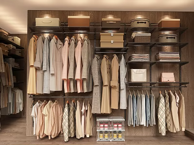 Organized Wardrobe With Multiple Clothes Hangers And Folded Garments On Shelves 3d model