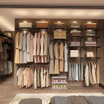 Organized Wardrobe With Multiple Clothes Hangers And Folded Garments On Shelves 3d model