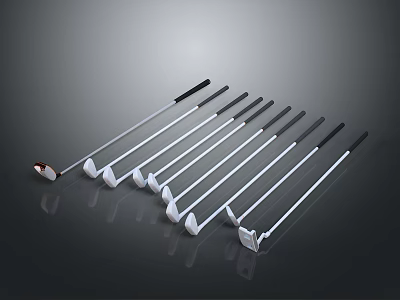 Multiple Golf Clubs Neatly Arranged With Golf Ball On Dark Reflective Background 3d model