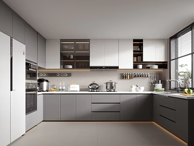 Modern Kitchen Interior With Gray White Cabinets Countertop And Appliances 3d model