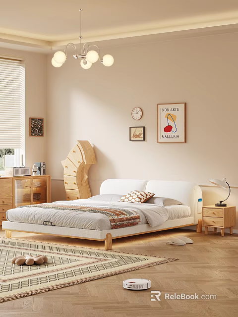 Minimalist Cream Soft Upholstered Double Bed With Solid Wood Frame For Warm Comfortable Bedroom 3d model 