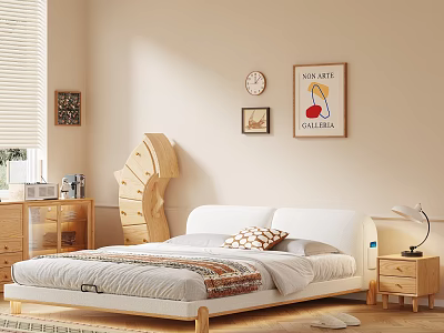 Minimalist Cream Soft Upholstered Double Bed With Solid Wood Frame For Warm Comfortable Bedroom 3d model