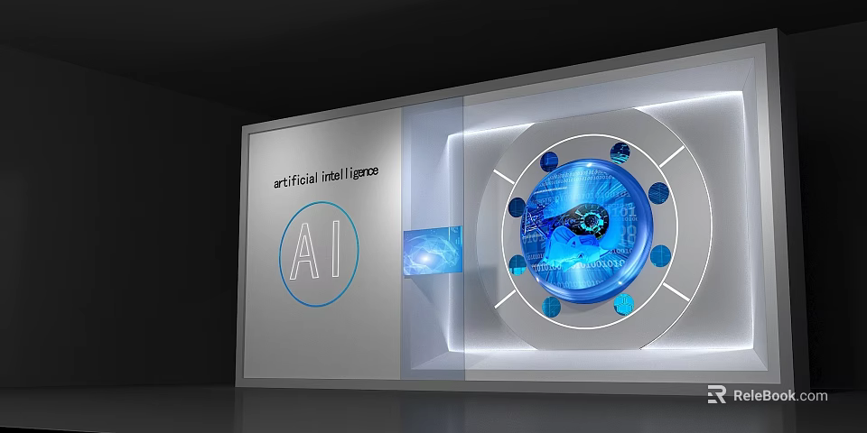 Hi Tech AI Exhibition Hall Featuring Blue Interface Circular Device And Smart Displays 3d model