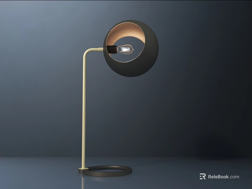 Modern Desk Lamp With Black Spherical Shade Golden Pole And Light Brown Lining 3d model 