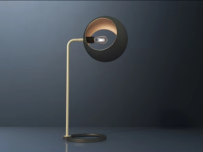 Modern Desk Lamp With Black Spherical Shade Golden Pole And Light Brown Lining 3d model