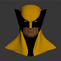 Yellow and Black Superhero Mask Head Sculpture with Detailed Facial Features on Dark Reflective Background