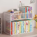 Decorative Items Set On White Grid Shelf With Books Calculator Scissors And Flower Bouquet