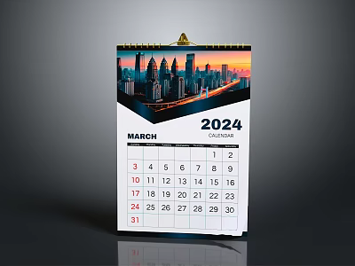 2024 March Calendar With Cityscape Background And Date Grid Design 3d model