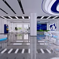 Modern Spacious Service Hall Interior With White Pillars Blue Counters And Electronic Screens