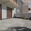 Single Family Villa With Traditional Wooden Exterior Large Windows Courtyard Green Plants And Main Gate