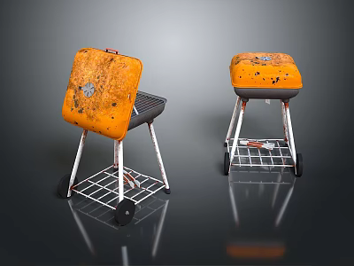 Orange Barbecue Grills With Black Grills Metal Stands Wheels And Rust Wear For Household Use 3d model
