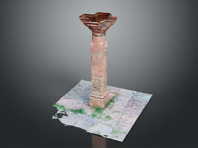 Ancient Carved Column With Ornate Top Square Base And Green Spotted Textured Platform 3d model