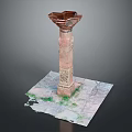 Ancient Carved Column With Ornate Top Square Base And Green Spotted Textured Platform