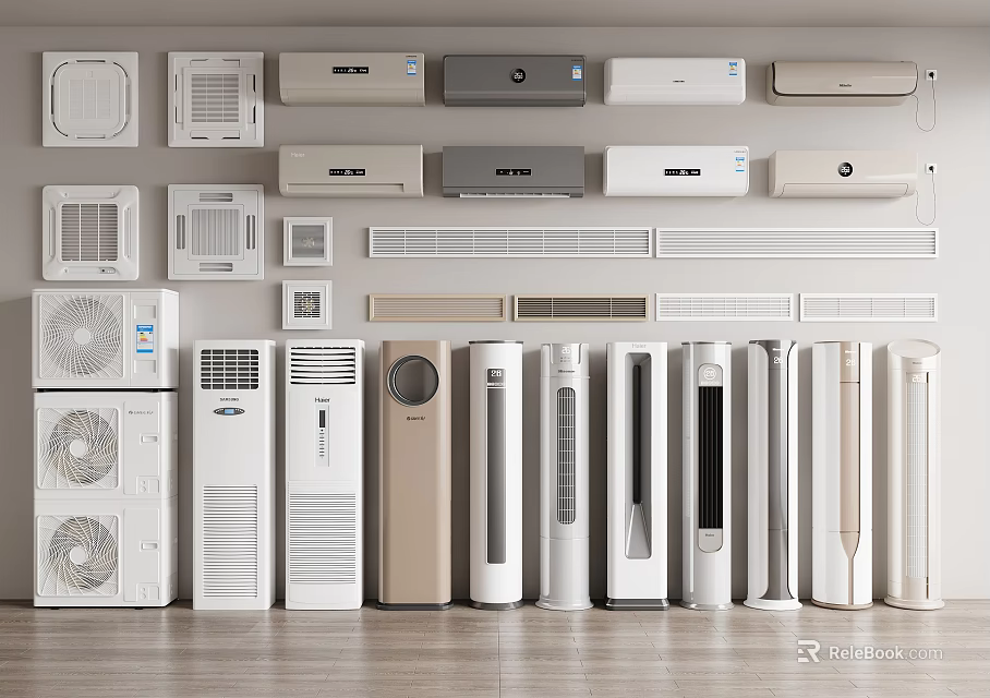 Diverse Modern Air Conditioner Fans Featuring Wall Mounted Floor Standing and Ceiling Styles 3d model 