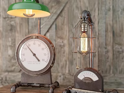 Vintage Industrial Table Lamps With Green Shade And Metal Cage Design On Wooden Background 3d model